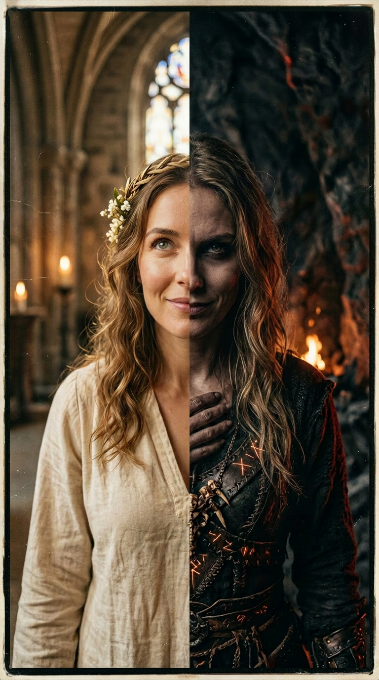 Split face of a woman transformed into angel on left and demon on right